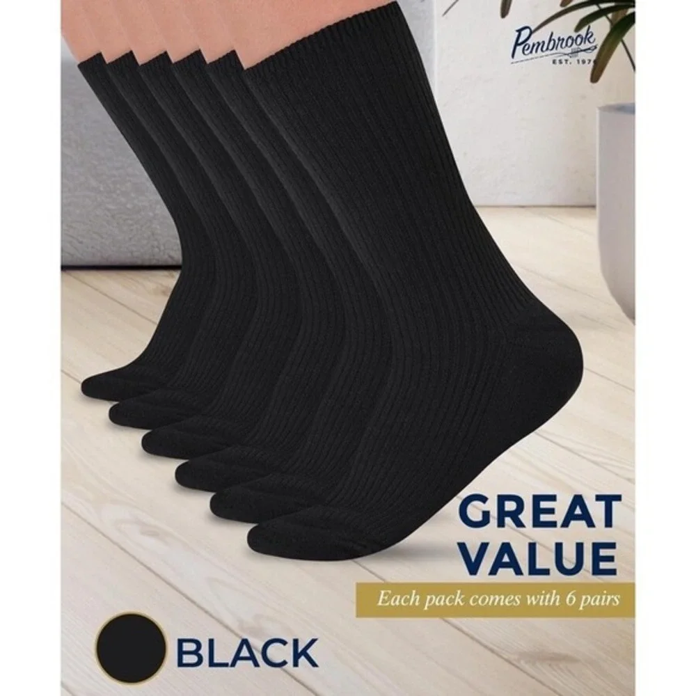 Pembrook‎ Bamboo Diabetic Socks  6 Pairs Crew Length  Sz Medium Black
